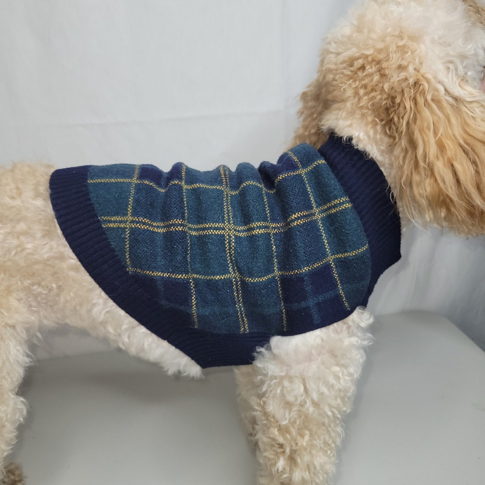 Classic Plaid Dog Sweater‎ Navy Green Yellow Argyle Knit Pet Apparel